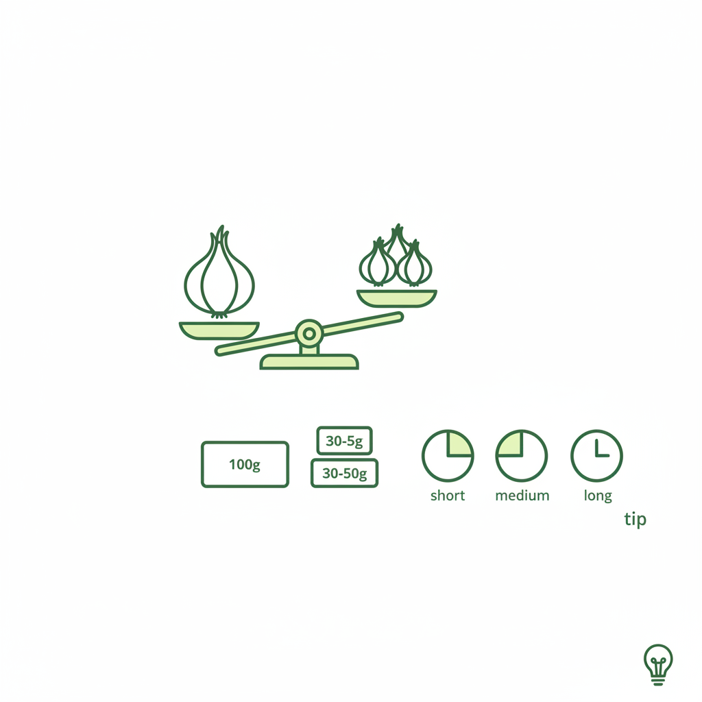 Infografik mit Umrechnung 1 Zwiebel ≈ 2–3 Schalotten, Gewichtsvergleich 100g Zwiebel ≈ 30–50g, Kochzeiten und Kurz-Tipps — Kann ich eine Zwiebel durch eine Schalotte ersetzen?