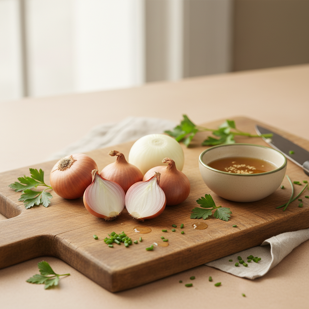 Nahaufnahme eines Schneidebretts mit ganzen und halbierten Schalotten und einer Zwiebel, kleine Schale Vinaigrette, Petersilie und Schnittlauch — Kann ich eine Zwiebel durch eine Schalotte ersetzen?
