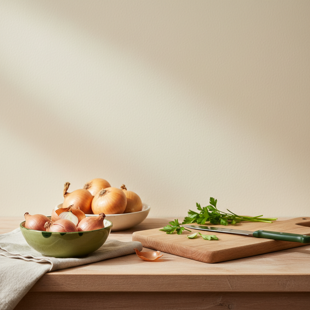 Wie viele Schalotten entsprechen einer Zwiebel? Minimalistische Küchenszene mit Schalotten in Schüssel, Zwiebeln, frischen Kräutern und Holzbrett vor cremefarbenem Hintergrund.