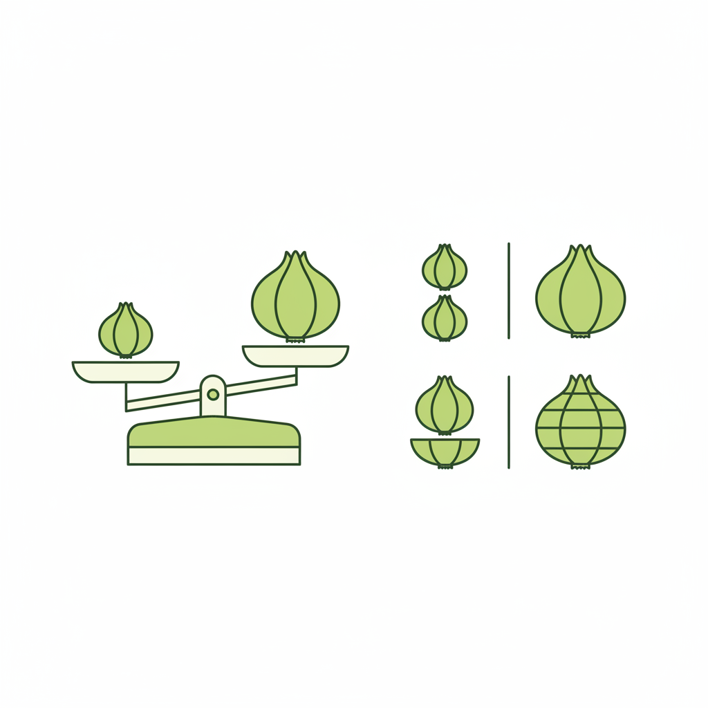 Minimalistische Vektor-Infografik mit Waage-Icon, Schalotte- und Zwiebel-Icons zur Umrechnung; visualisiert ohne Text oder Zahlen. Wie viele Zwiebeln entsprechen einer Schalotte?