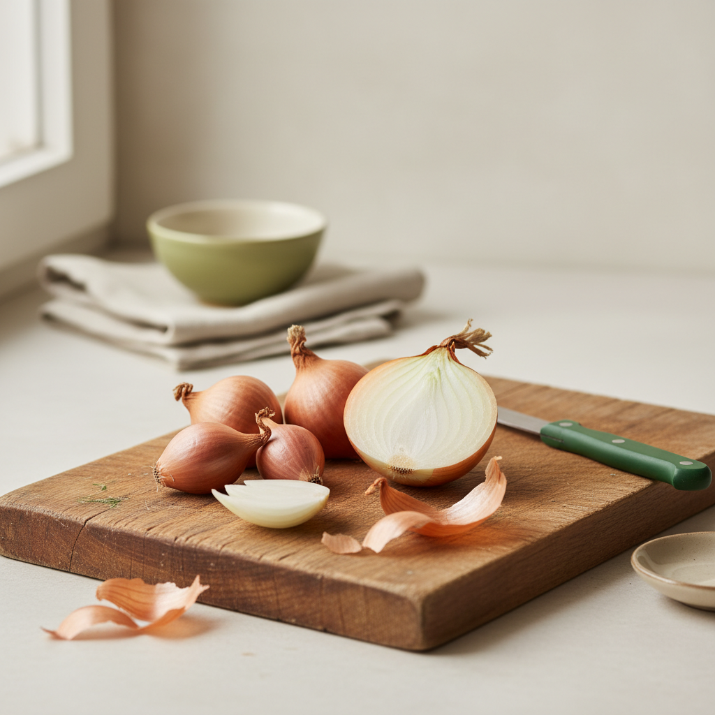 Geschälte und ganze Schalotten neben halbierter Zwiebel auf Holzbrett in warmer Küche – Wie viele Zwiebeln entsprechen einer Schalotte?