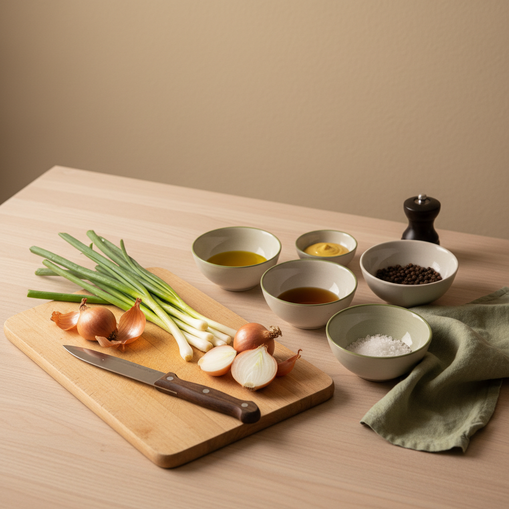 Schalotten vs Frühlingszwiebeln auf hellem Holztisch mit Messer und Vinaigrette-Zutaten, warmes natürliches Licht, minimalistisches, sauberes Styling