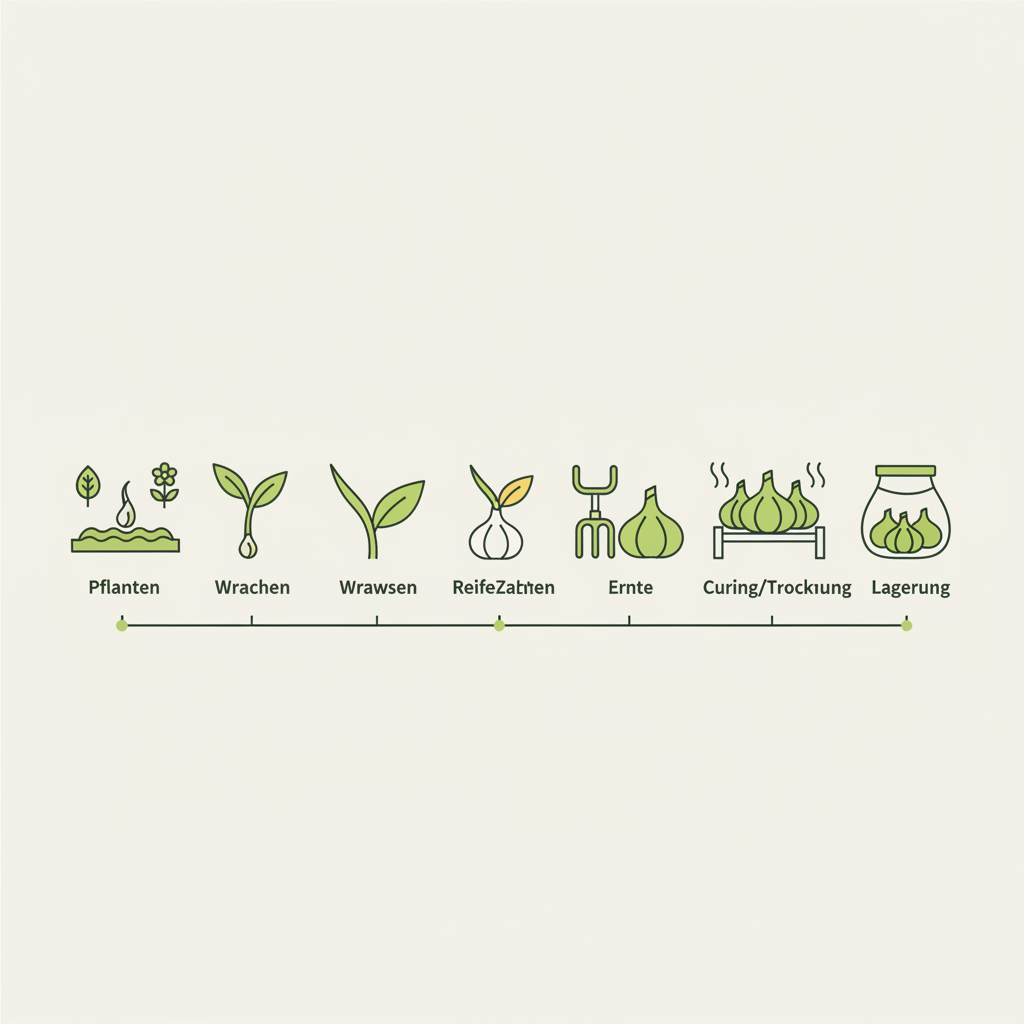 Minimalistische 2D-Vektor-Infografik zum Knoblauch ernten: Zeitleiste mit Icons für pflanzen, wachsen, Blattvergilbung als Reifezeichen, Ernte, Trocknung (curing) und Lagerung in Markenfarben.
