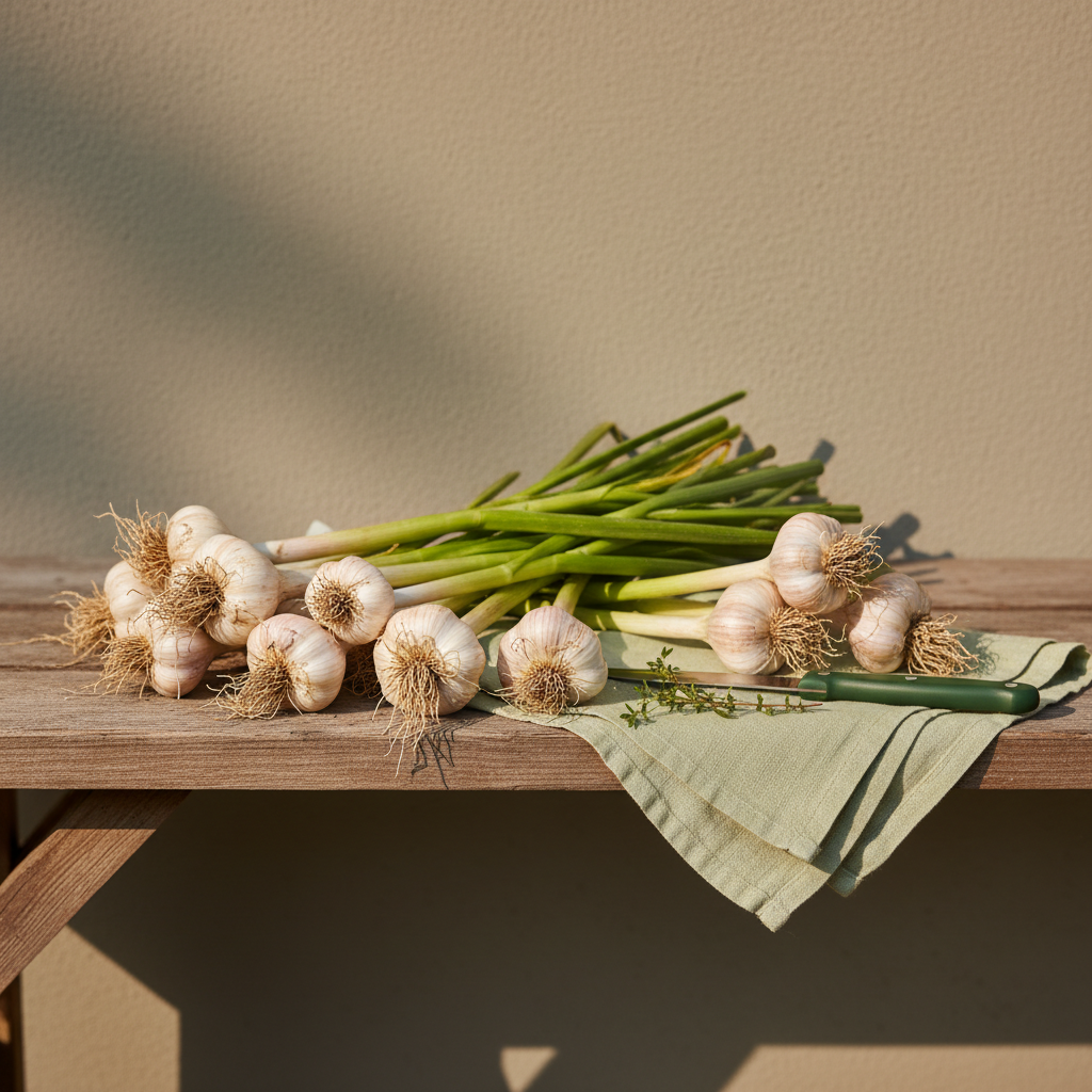 Nahaufnahme frisch geernteter Knoblauchknollen auf Holzbank im Schatten, papierartige Häutchen und grüne Spitzen, dezente Akzente #a5cd8d – Knoblauch ernten