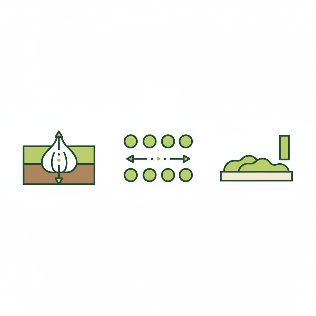 Minimalistische 2D-Vektor-Infografik zum Knoblauch stecken: drei Icons zeigen Pflanztiefe, Reihenabstand und Mulchschicht in Schnell-Lecker-Farben.