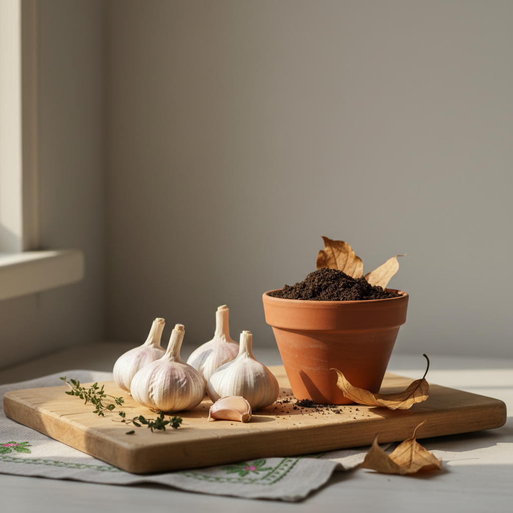 Knoblauch stecken: realistisches Küchenstillleben mit Knoblauchknollen auf Holzbrett, kleinem Tonkübel mit Kompost und Herbstblättern vor #dbdbcf Hintergrund