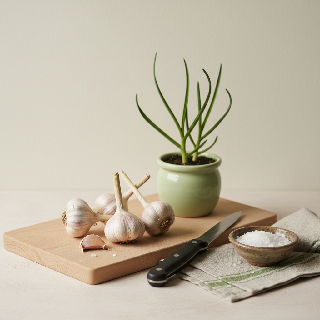Nahaufnahme einer rustikalen Küchenszene beim Knoblauch anbauen: geerntete Knoblauchknollen auf Holzbrett, Topf-Knoblauch, einfache Kochutensilien.