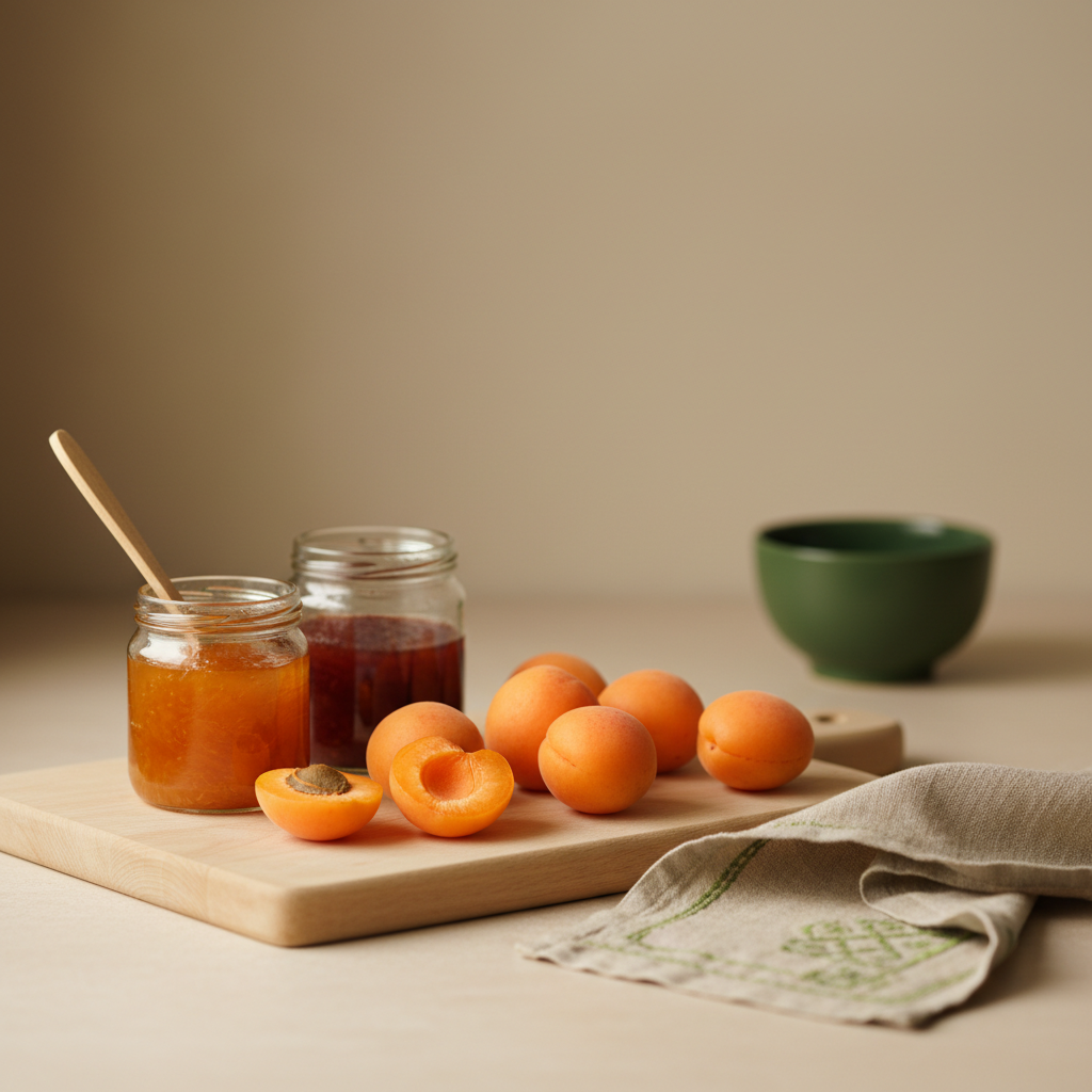 Nahaufnahme einer heimeligen Küche mit Aprikosen, Marmeladengläsern, Holzlöffel und Leinenserviette vor Hintergrund #dbdbcf — Aprikose vs Marille