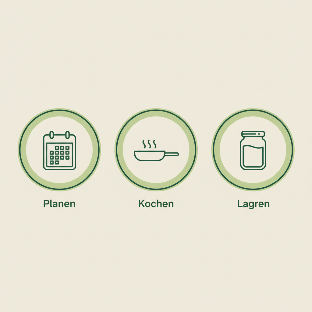 Minimalistische 2D-Vektorinfografik zu Meal Prep mit drei Icons für Planen, Kochen und Lagern in Schnell Lecker Farben
