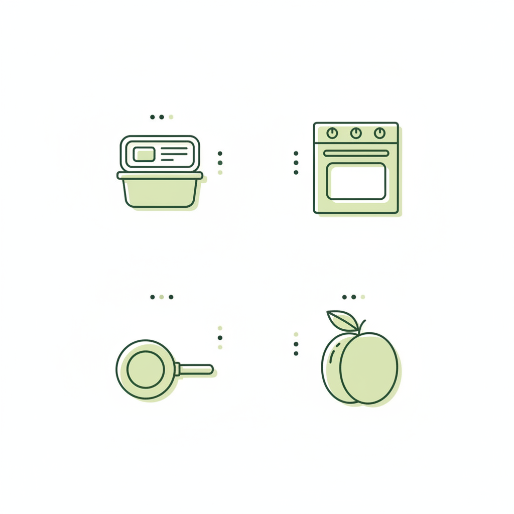 Minimalistische 2D-Vektor-Infografik mit Meal-Prep-Box, Ofen, Pfanne und Marille-Icon in Schnell-Lecker-Farben – Wie sagt man in Österreich zu Aprikosen?