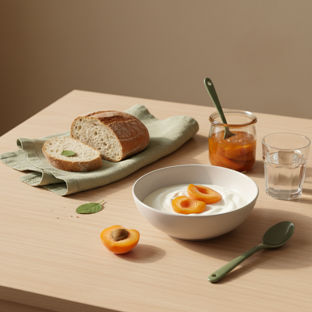 Vollrahmen: minimalistisches Küchen-Setup mit frischen Marillen, Brot, Joghurt und kleinem Glas Marillenkompott bei natürlichem Licht, Hintergrund #dbdbcf. Wie sagt man in Österreich zu Aprikosen?