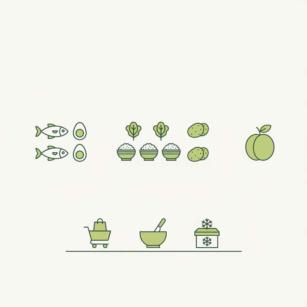 Minimalistische 2D-Vektor-Infografik: zwei Protein-Icons, drei Beilagen-Icons und eine Marille als Frucht, dazu Icons für Einkauf, Vorbereitung und Einfrieren im Schnell Lecker Farbstil.