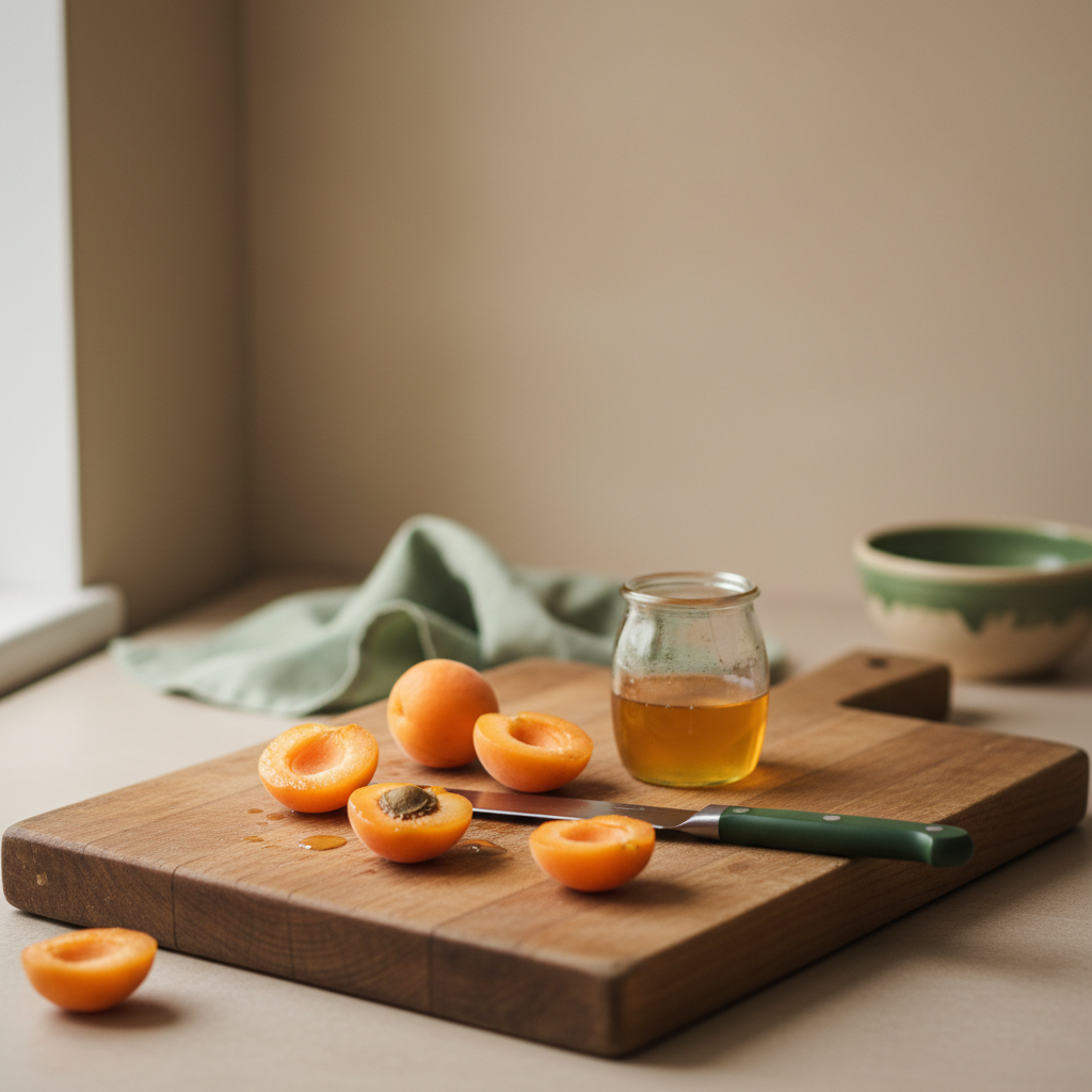 Halbierte Marille auf Holzschneidebrett mit scharfem Messer und kleinem Honigglas, warmes, minimalistisches europäisches Küchen-Set mit Akzentfarben #a5cd8d und #21431f