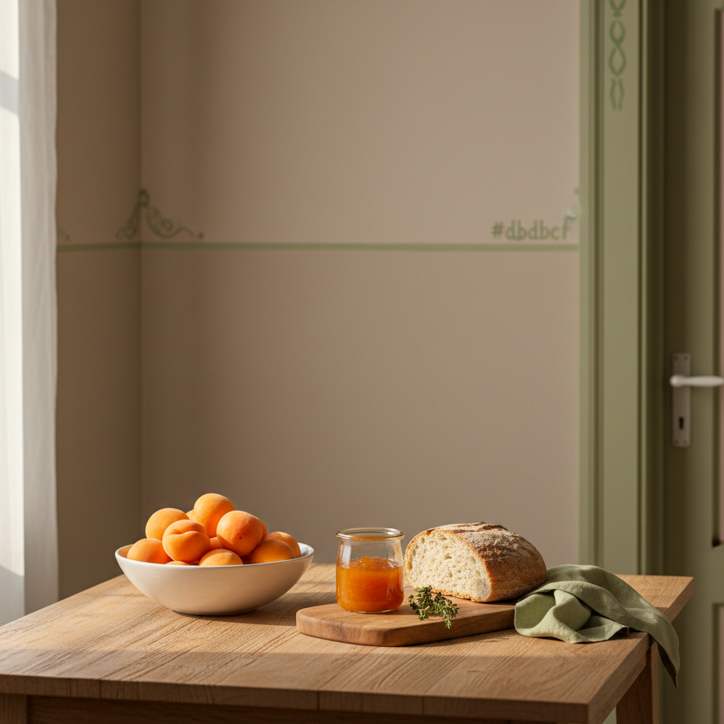 Frisch gedeckter Frühstückstisch mit Marille Aprikose in Schale, schlichtem Keramikgeschirr, Leinenserviette in zartgrün und warmem, minimalistischen Hintergrund