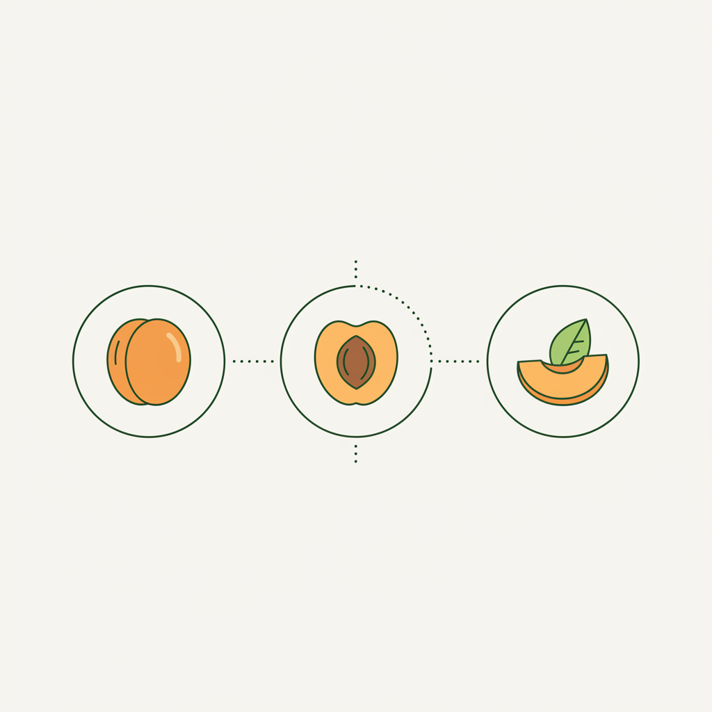 Minimalistische 2D-Vektor-Infografik mit Marille Aprikose-Icons (ganze Frucht, halbe Frucht mit Kern, Keil mit Blatt) in Markenfarben auf #dbdbcf Hintergrund