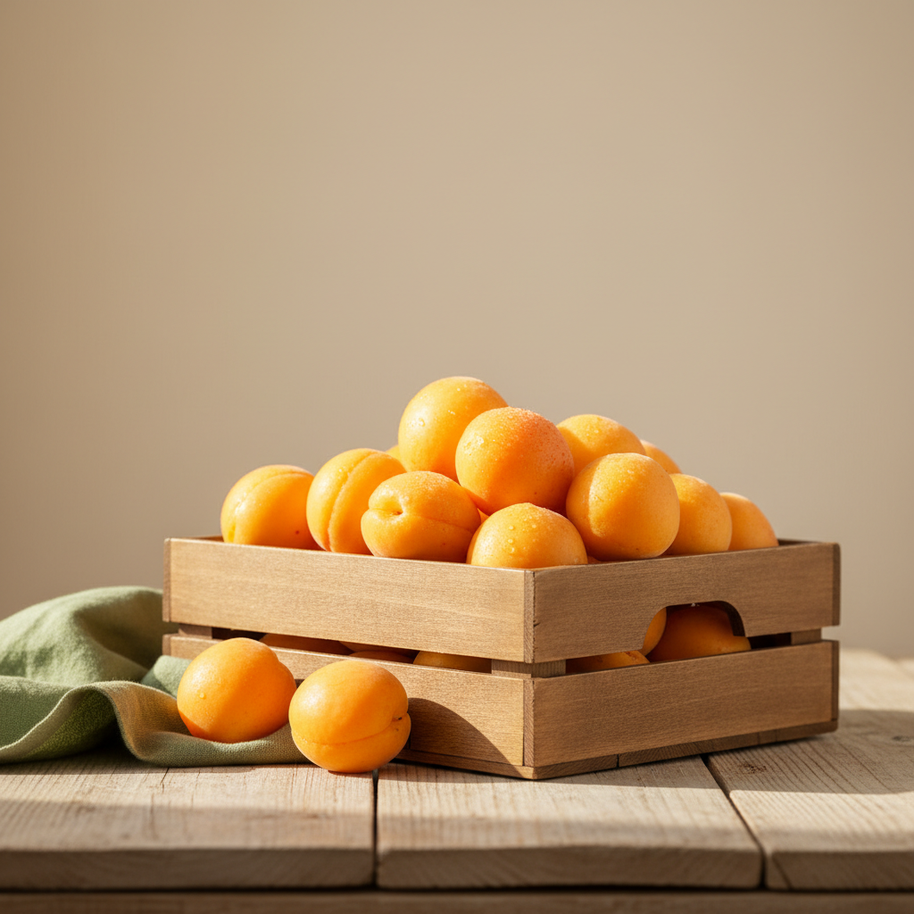 Nahaufnahme einer Holzkiste mit reifen Marillen Wachau auf Bauernhaustisch, Tau auf den Früchten, schlichtes Leinentuch in #a5cd8d, ruhiger Hintergrund in #dbdbcf, minimalistisch