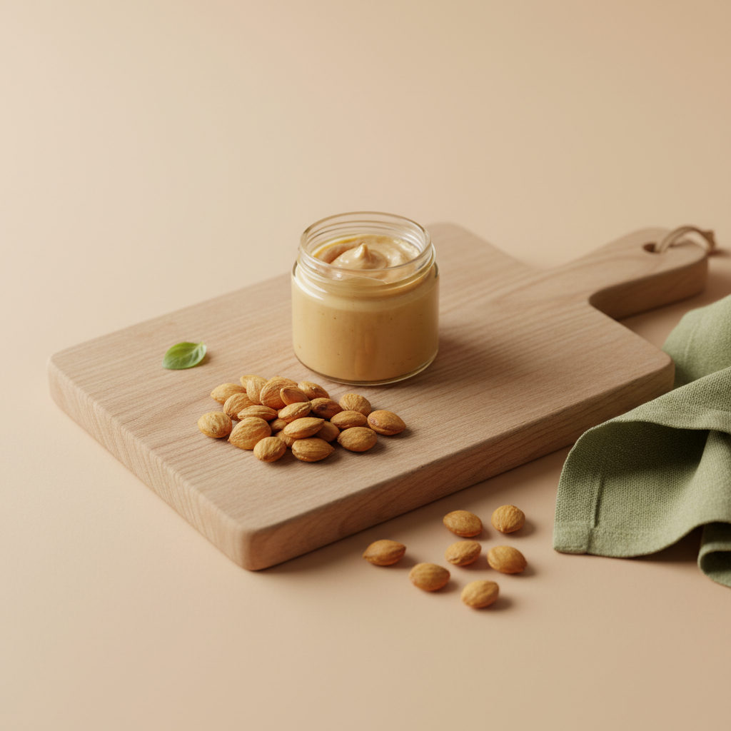 Nahaufnahme eines rustikalen Holzbretts mit goldbraun gerösteten Aprikosenkernen und kleinem Glas Aprikosenkernmus vor hellbeigem Hintergrund #dbdbcf, minimalistisch