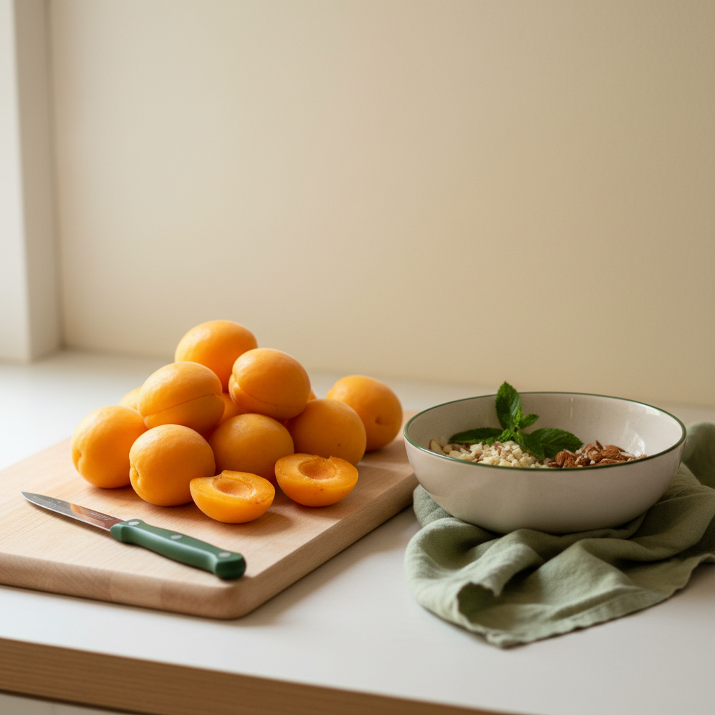 Nahaufnahme eines Küchentresens mit einer Aprikose im Vordergrund, frischen Aprikosen auf einem Schneidebrett, Schälmesser und Schüssel mit vorbereiteten Zutaten vor hellem #dbdbcf Hintergrund mit #a5cd8d und #21431f Akzenten.