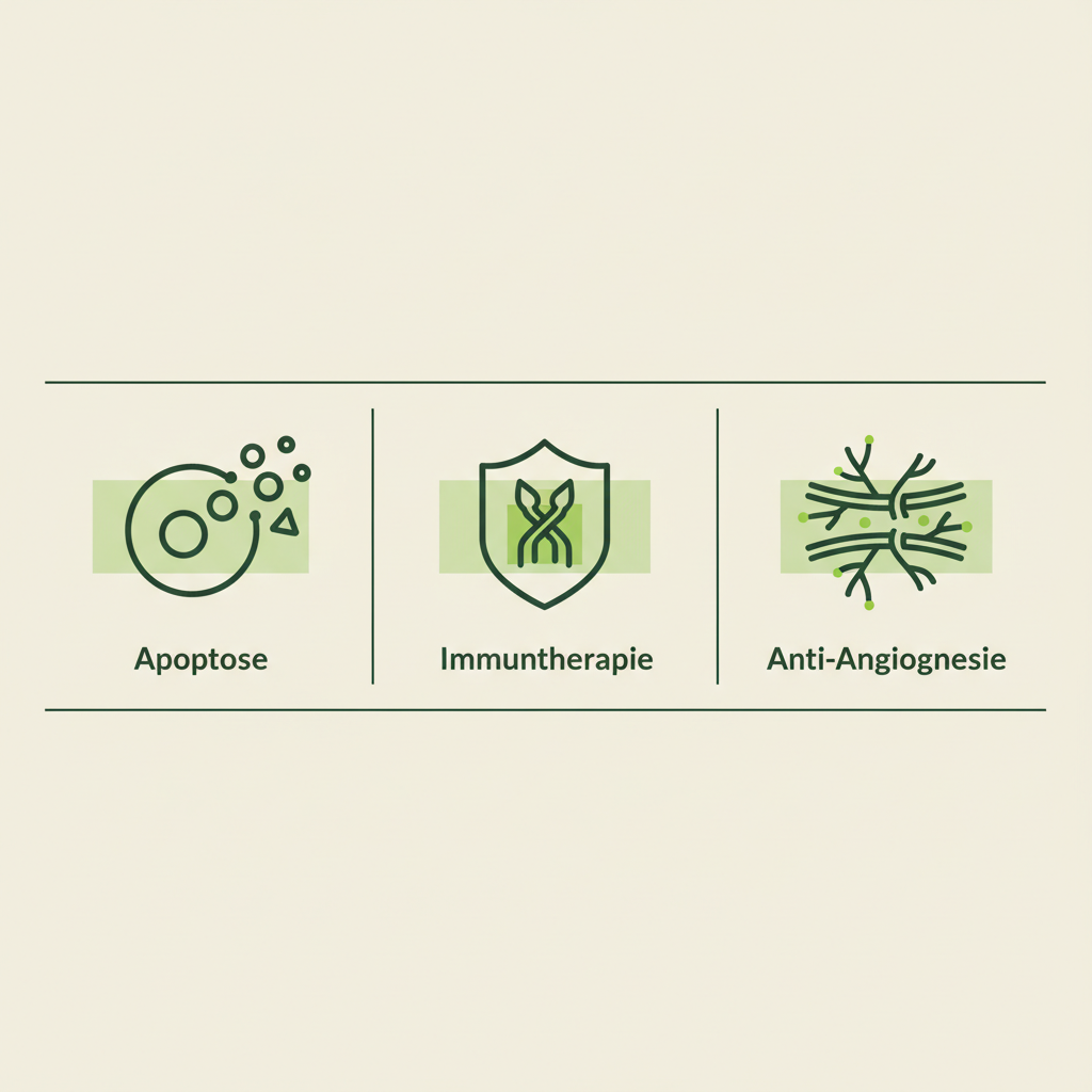 Minimalistische Vektor-Infografik mit Icons für Apoptose, Immuntherapie und Anti-Angiogenese, thematisch: Krebszellen Wachstum stoppen.