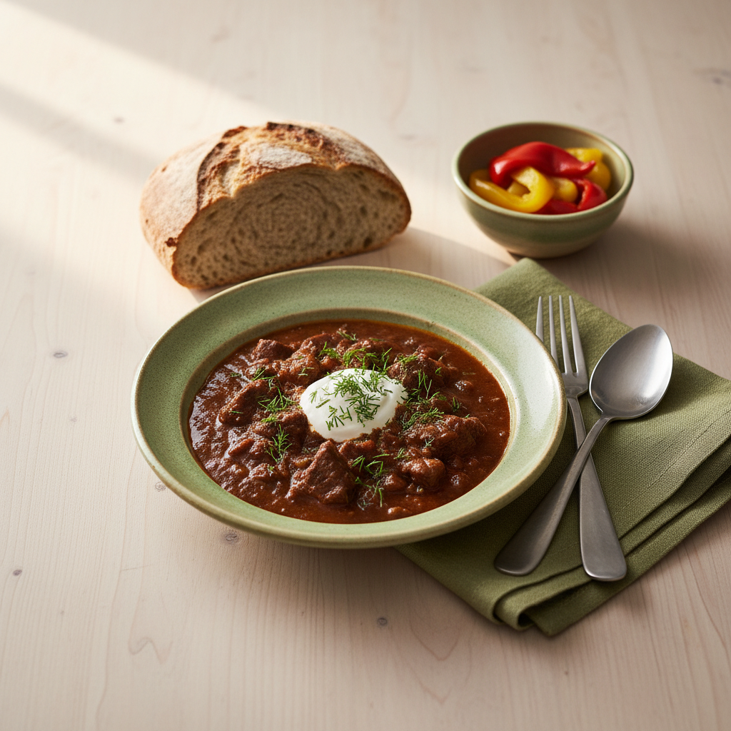 Nahaufnahme einer rustikalen ungarisch-rumänischen Mahlzeit auf sauberem Holztisch mit warmen Texturen und Markenfarben, minimalistisch komponiert — Krebszellen Wachstum stoppen