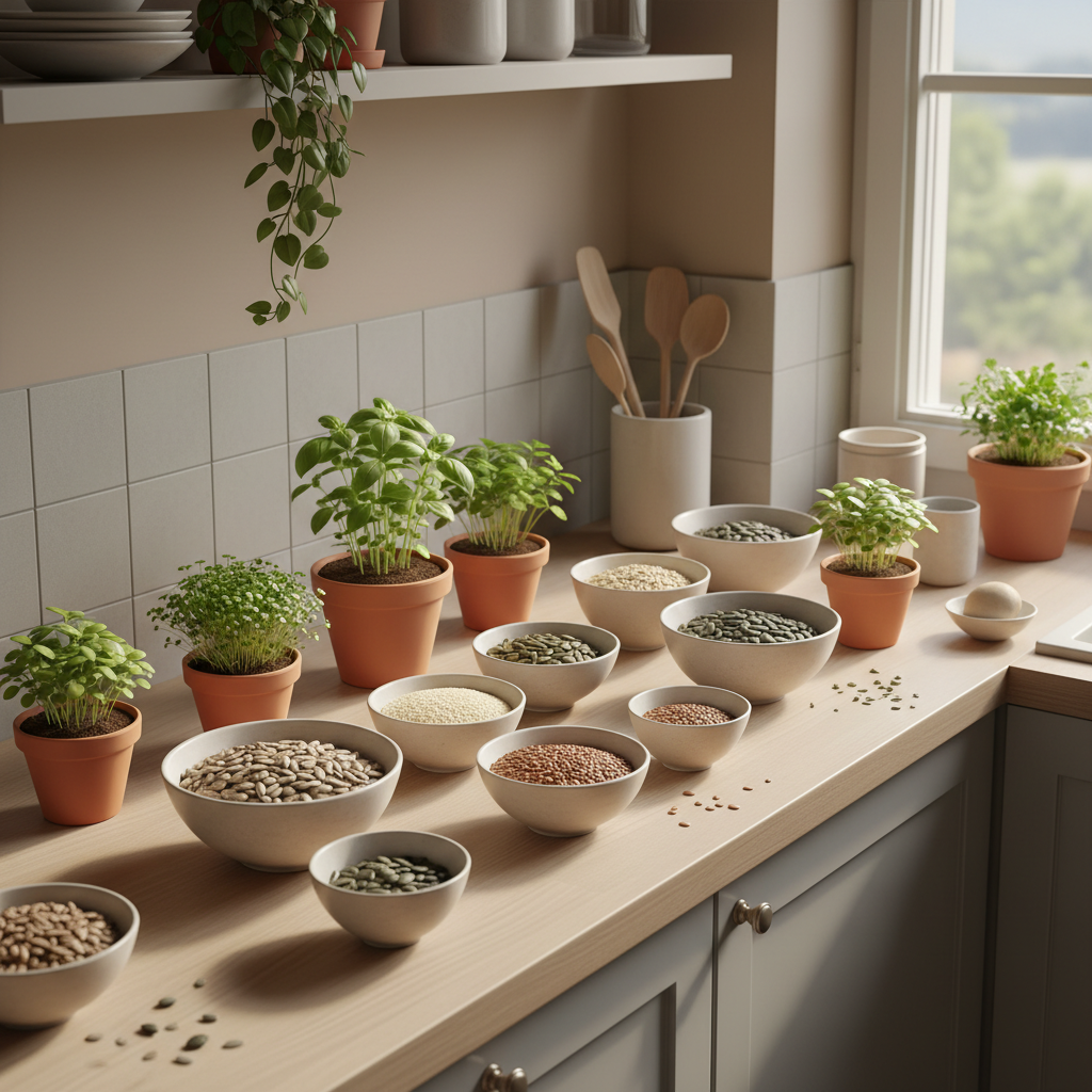 Minimalistische Küchenszene mit Anzuchttöpfen und Schalen mit Kernen auf hellem Holz, dezente grüne Akzente, warmer natürlicher Look – Obstbaum aus Samen