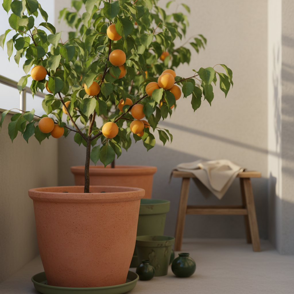 Aprikosenbaum im Topf auf kleinem Balkon, Close-up mit terrakotta- und plastiktöpfen, sonnenbeschienene Blätter und reife Aprikosen, minimalistisches warmes Ambiente