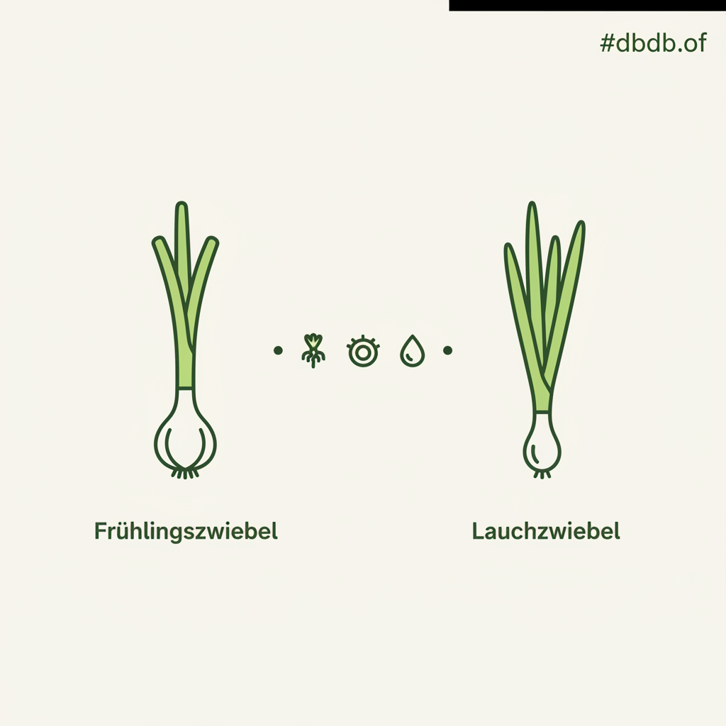 Minimalistische 2D-Vektor-Infografik mit Frühlingszwiebeln und Lauchzwiebeln-Icons: links Knollenansatz, rechts hohle Röhren, dezente Markenfarben #dbdbcf/#a5cd8d/#21431f