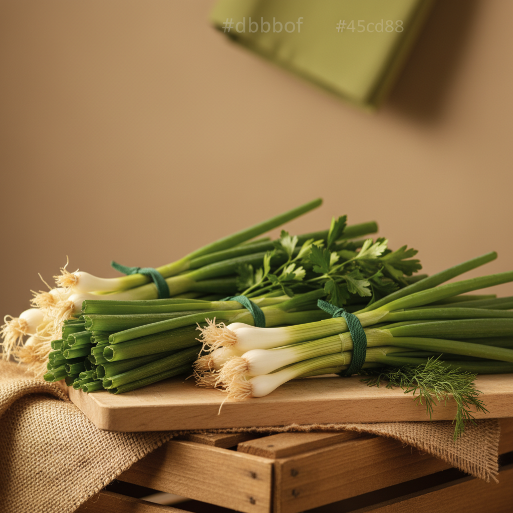 Close-up von Bundware mit Frühlingszwiebeln und Lauchzwiebeln auf einem Marktstand, warmes minimalistisches Styling, Hintergrund #dbdbcf mit Akzent #a5cd8d, keine Logos
