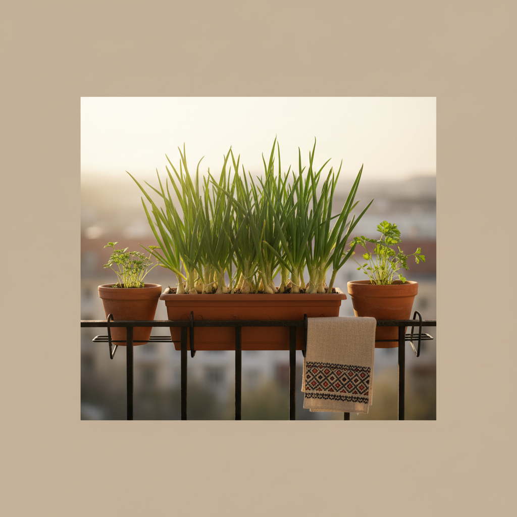 Frühlingszwiebeln setzen: Nahaufnahme eines Balkonkastens mit üppigen Frühlingszwiebeln im warmen Morgenlicht, minimalistischer, aufgeräumter Stil.
