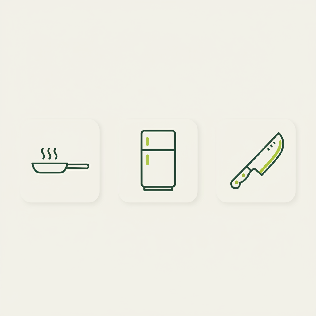 Minimalistische 2D-Vektor-Infografik mit drei Icons (Pfanne, Kühlschrank, Messer) in Schnell-Lecker-Farben — Sind Frühlingszwiebeln normale Zwiebeln?