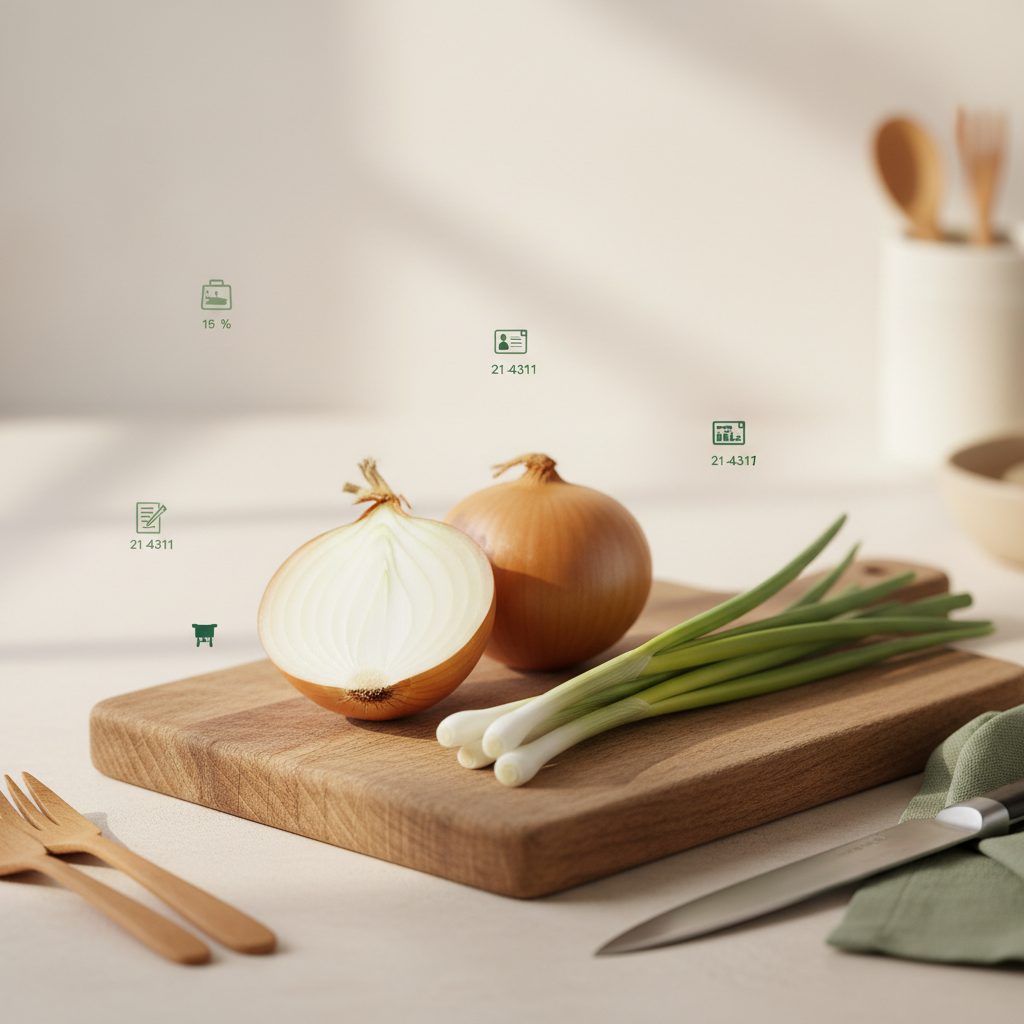 Nahaufnahme eines rustikalen Schneidebretts mit halbierter Speisezwiebel und Bündel Frühlingszwiebeln in warmem Licht – Zwiebeln vs Frühlingszwiebeln