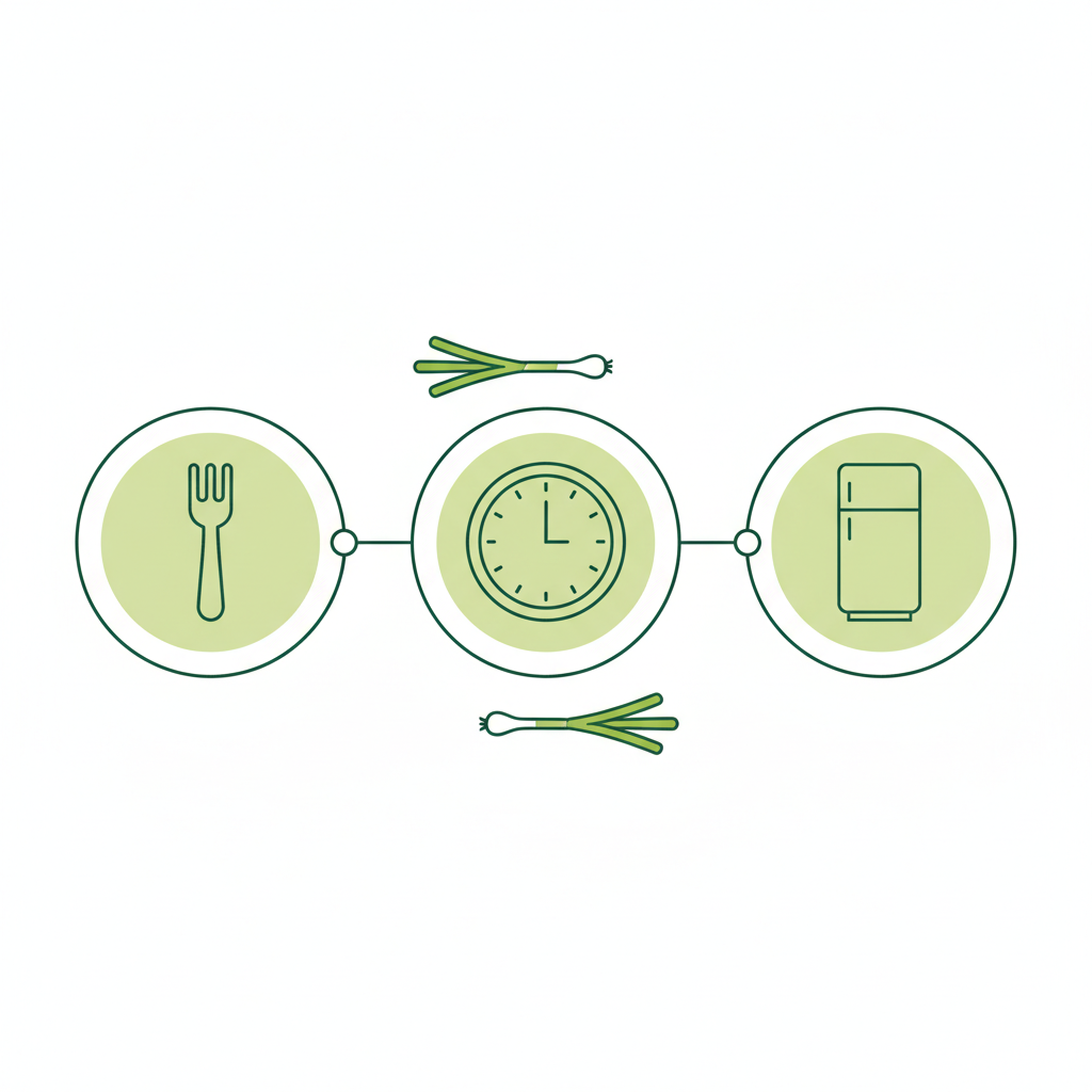 Vektor-Infografik mit minimalistischen Icons (Gabel, Uhr, Kühlschrank) und stilisierten Frühlingszwiebeln auf Hintergrund #dbdbcf, Akzente #a5cd8d.