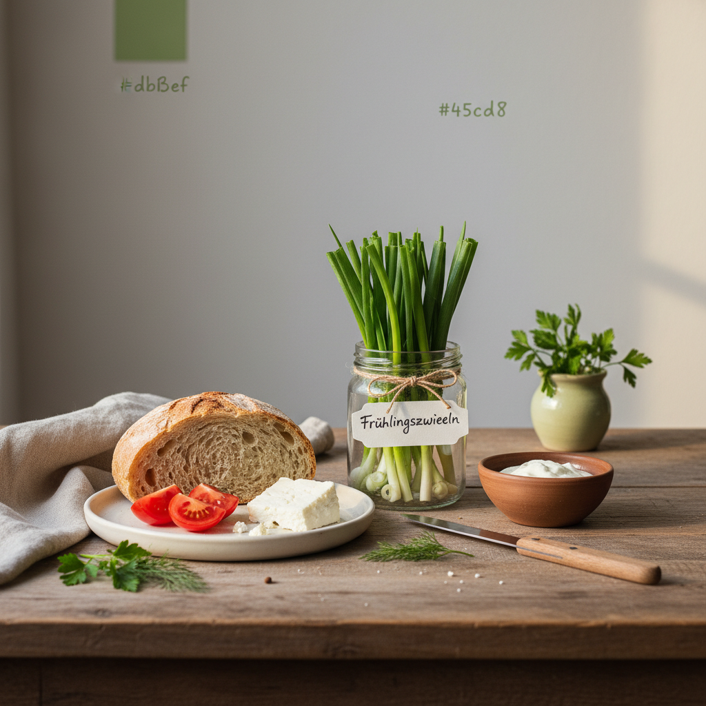 Glas mit Frühlingszwiebeln auf rustikalem Frühstückstisch mit Brot, Schafskäse und Tomaten vor cremefarbenem Hintergrund