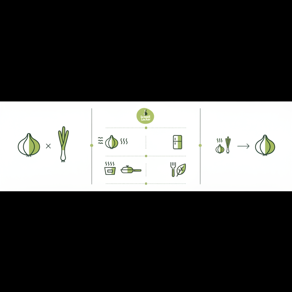 Minimalistische 2D-Vektor-Infografik zeigt links Schalottenknolle vs Frühlingszwiebel-Stängel, mittig Icons für Geschmack, Lagerung und Verwendung, rechts visuelle Umrechnung. Unterschied Schalotten und Frühlingszwiebeln