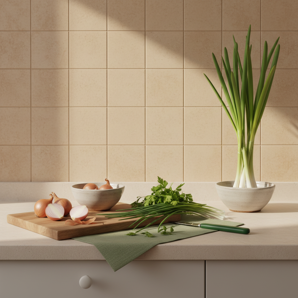 Unterschied Schalotten und Frühlingszwiebeln: Nahaufnahme von Schalotten neben Frühlingszwiebeln mit Kräutern auf minimalistischer Arbeitsfläche (#dbdbcf Hintergrund, Akzente #a5cd8d, Details #21431f).
