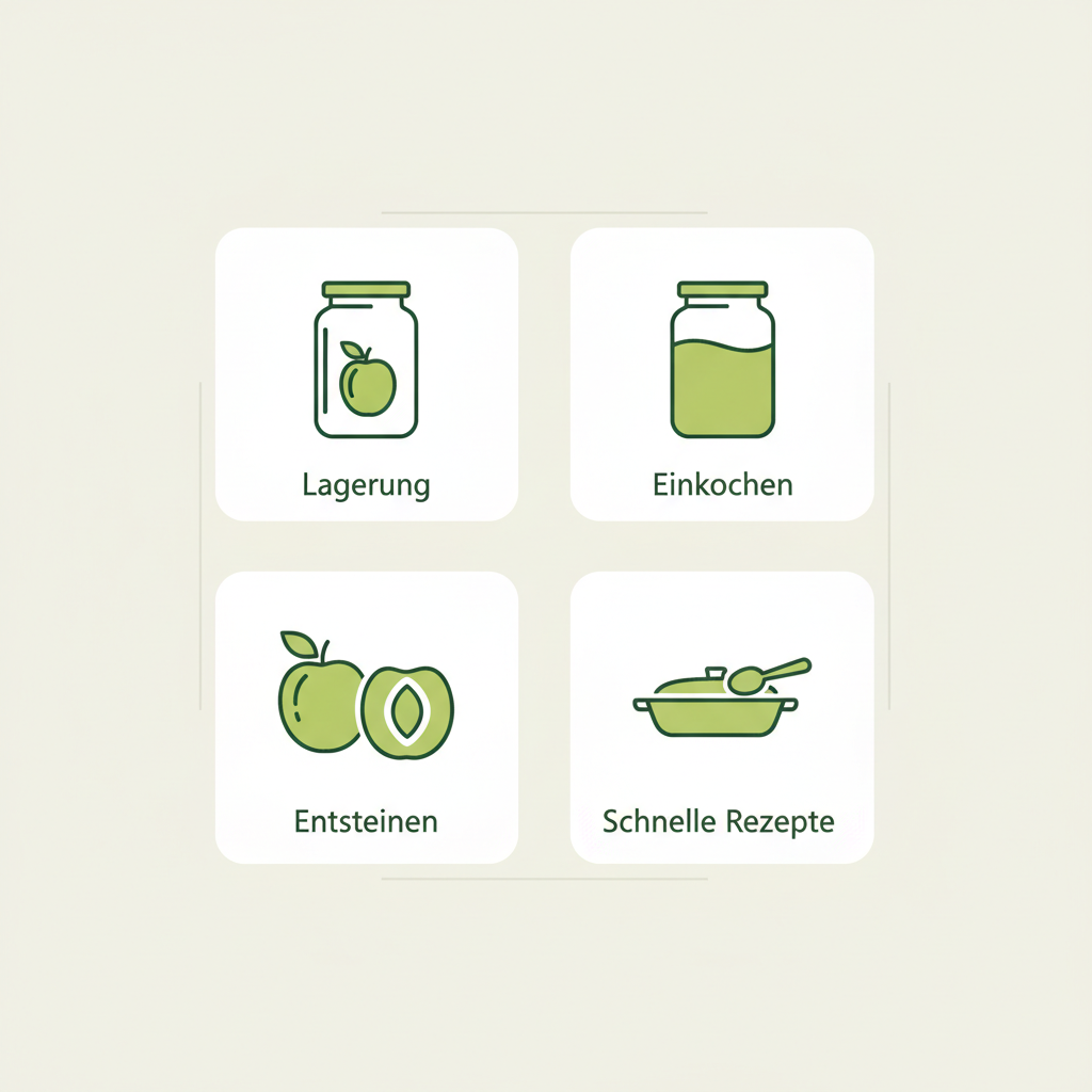 Minimalistische 2D-Vektor-Infografik zu Kirschpflaumen mit vier Icons für Lagerung, Einkochen, Entsteinen und schnelle Rezepte auf Hintergrund #dbdbcf