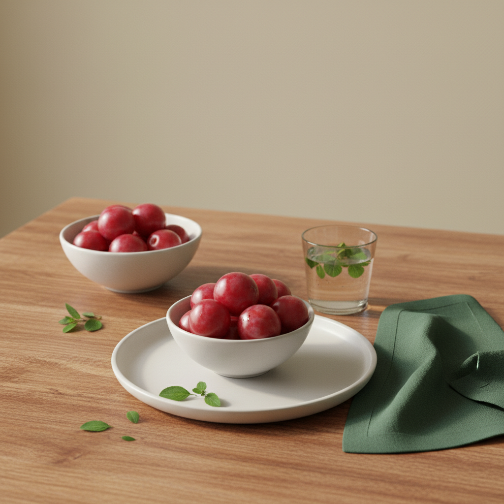 Vollformataufnahme eines minimalistischen Küchentischs mit frischen Kirschpflaumen auf schlichtem Porzellan, Holztisch, Hintergrund #dbdbcf und Akzente #a5cd8d