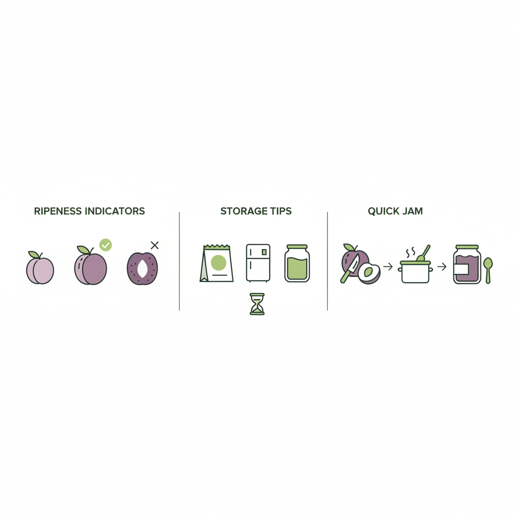 Minimalistische 2D-Vektor-Infografik zu Reifeindikatoren, Lagerung und schnellen Marmeladen-Schritten für Kirschpflaume in den Markenfarben von Schnell Lecker.