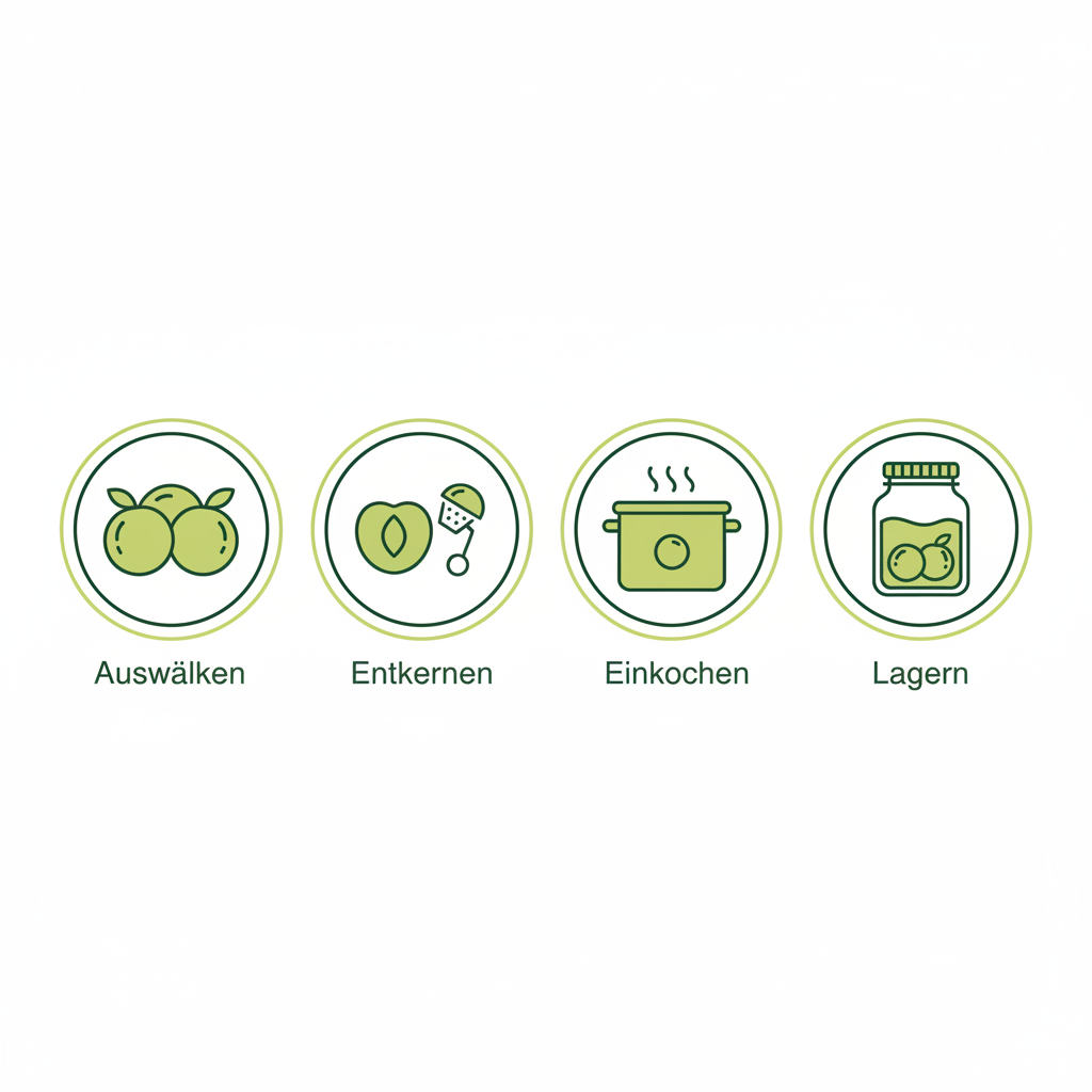 Minimalistische 2D-Vektor-Infografik mit vier Icons für Kirschpflaumen: Auswählen, Entkernen, Einkochen und Lagern in Markenfarben #dbdbcf/#a5cd8d/#21431f.