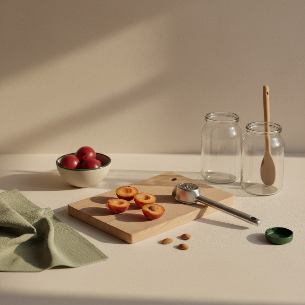 Halbierte Kirschpflaumen auf Holzbrett mit Entkerner, sauberen Einmachgläsern und Leinenhandtuch in Markenfarbe, warmes Tageslicht, minimalistisches Küchenstillleben