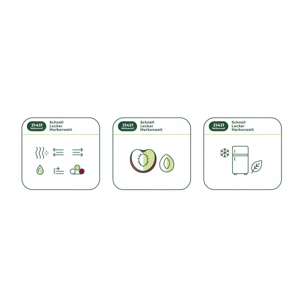 Minimalistische 2D-Vektor-Infografik zu Reifecheck, Entsteinen und Lagerung von Kirschpflaumen in Schnell Lecker Markenfarben