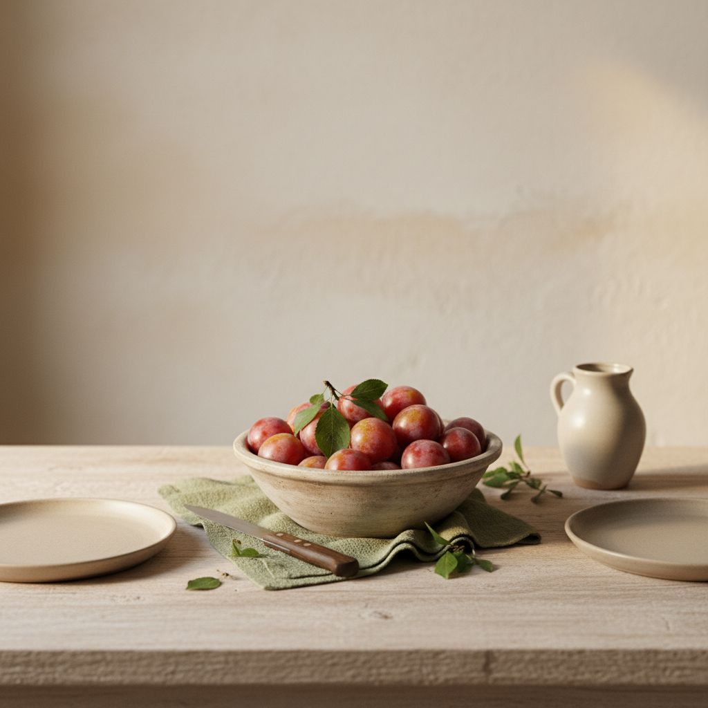 Schlichte Keramikschale mit frischen Kirschpflaumen auf hellem Tisch, warmes Tageslicht, minimalistisches, einladendes Arrangement