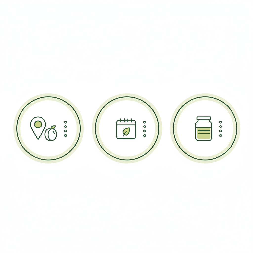 Minimalistische 2D-Vektorinfografik mit Icons zu Herkunft, Saison und Lagerung für Marille vs Aprikose in Schnell Lecker Farben