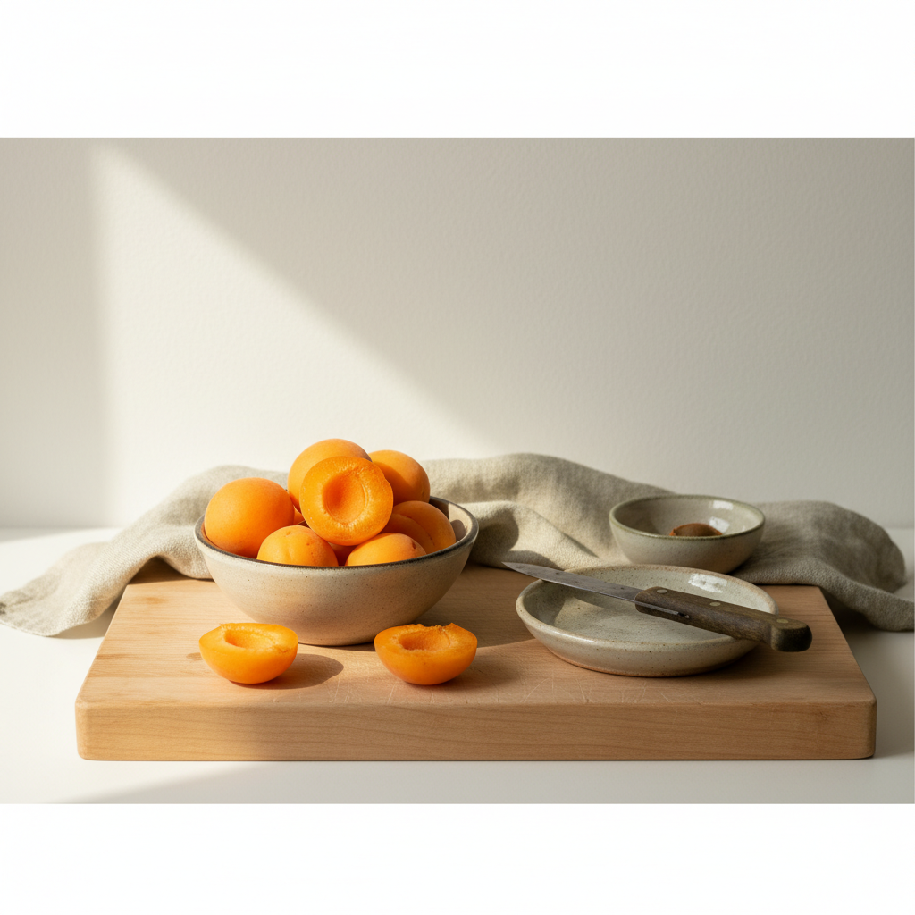 Minimalistisches Küchenstillleben mit Holzbrett, Schüssel mit halbierten Marillen, Messer und Messerschale, grünes Leinentuch und warmer Lichtstimmung – Marille vs Aprikose