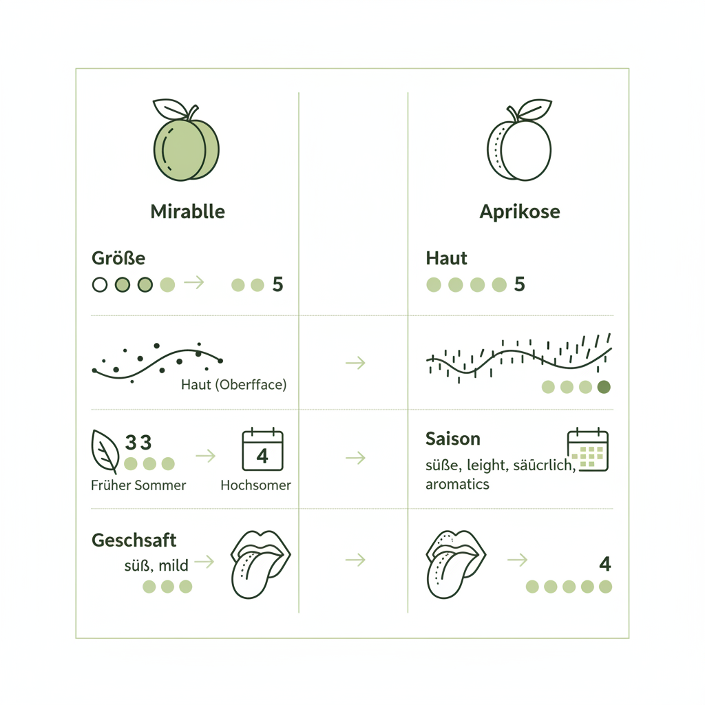 Minimalistische 2D-Vektor-Infografik: Vergleich von Mirabellen und Aprikosen mit Icons für Größe, Haut, Saison und Geschmack, dezenter Hintergrund #dbdbcf