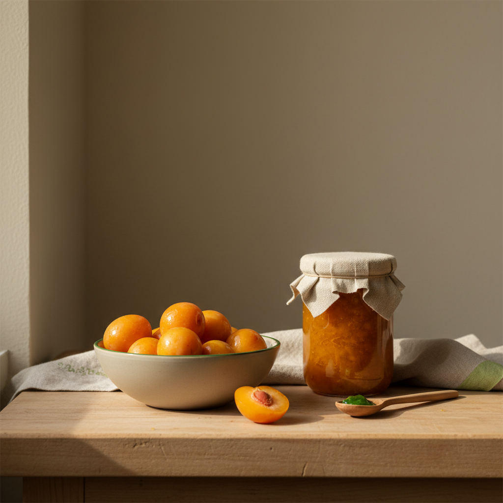 Nahaufnahme eines minimalistischen Stilllebens: Schüssel mit glänzenden Mirabellen, Glas Mirabellenmarmelade und schlichtes Leinentuch vor hellem Hintergrund #dbdbcf