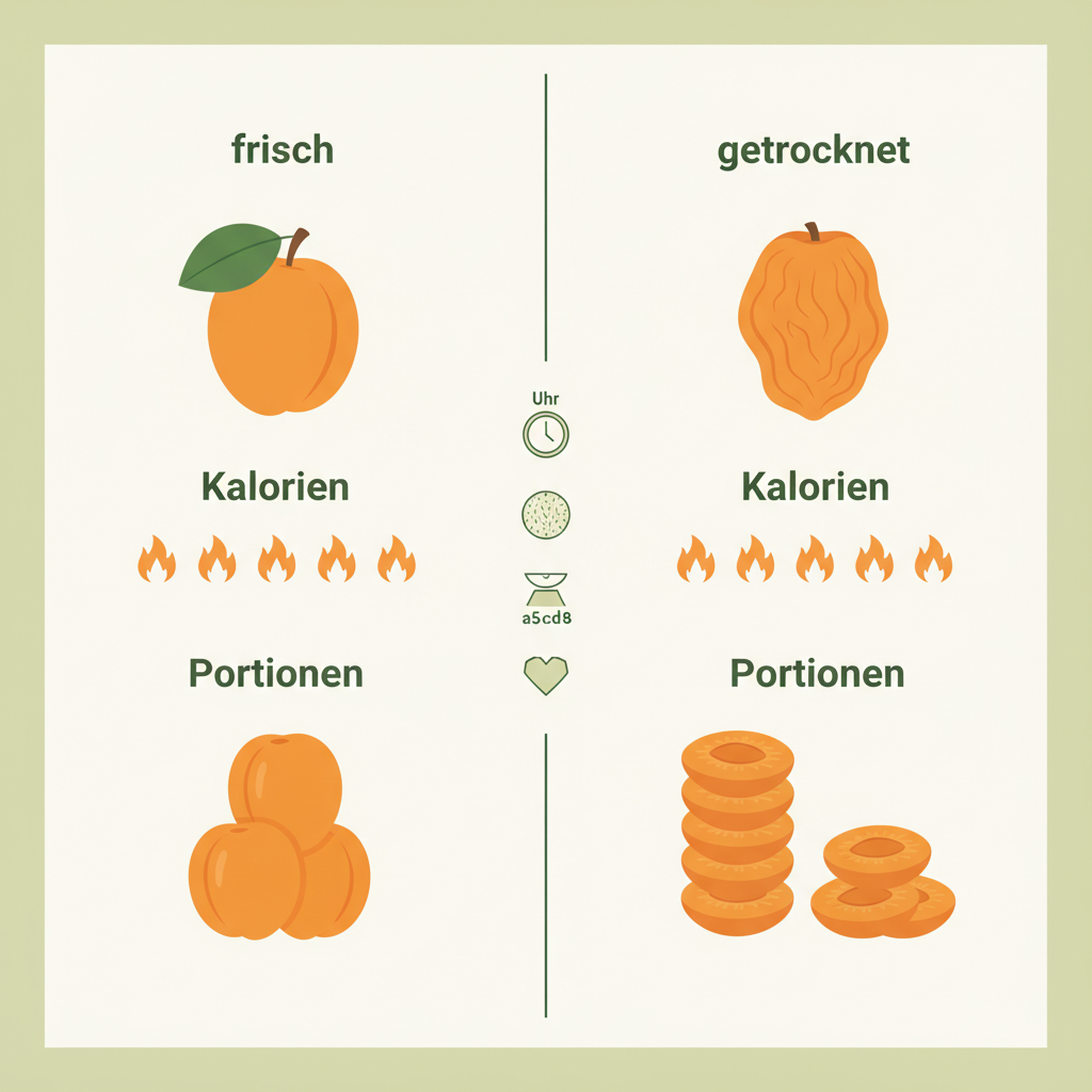 Minimalistische 2D-Vektor-Infografik: Vergleich frisch vs. getrocknet — Kalorien und Portionen visualisiert mit Uhr, Waage und Herz-Icons. Wie viele Marillen darf man am Tag essen