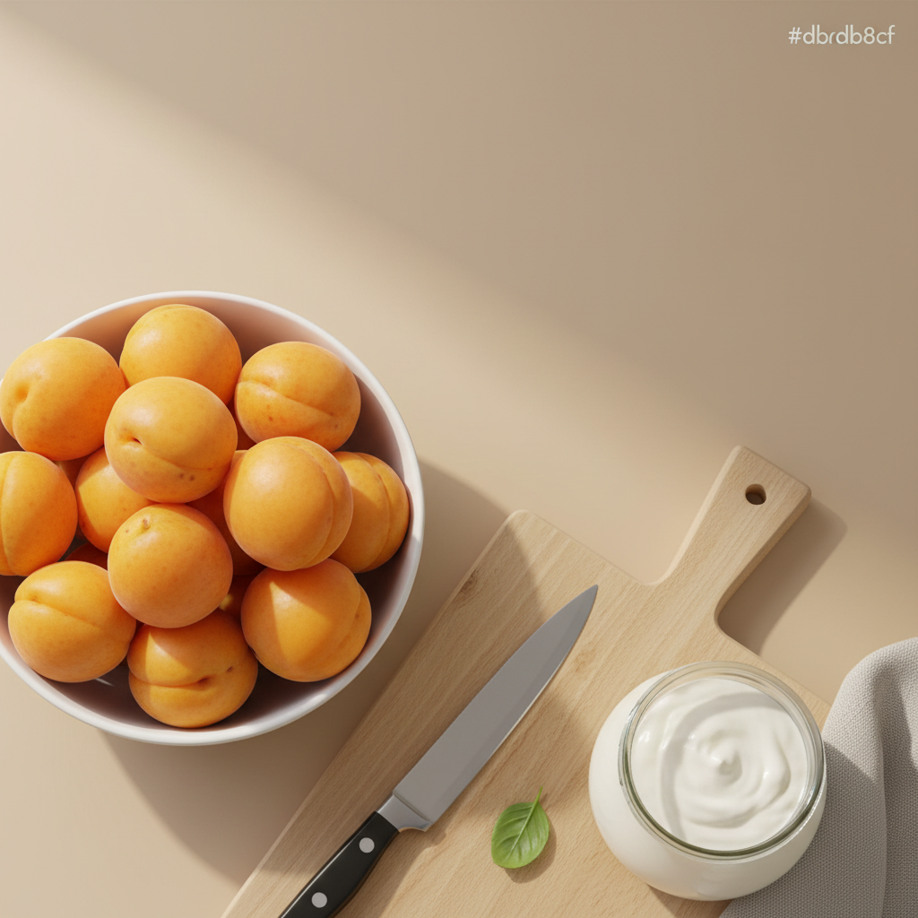 Wie viele Marillen darf man am Tag essen: Nahaufnahme einer Schüssel mit frischen Marillen neben Schneidebrett, Messer und Glas Joghurt vor pastellbeigem Hintergrund #dbdbcf, Akzent #a5cd8d