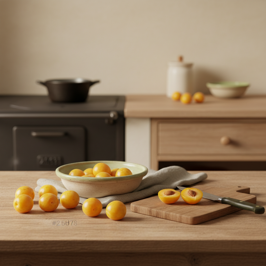 Mirabellen auf Holztisch neben Vintage-Schale und Schneidebrett mit halbierten Früchten, Messer und kleinem Topf auf Herd, warmes Tageslicht, minimalistischer #dbdbcf Hintergrund