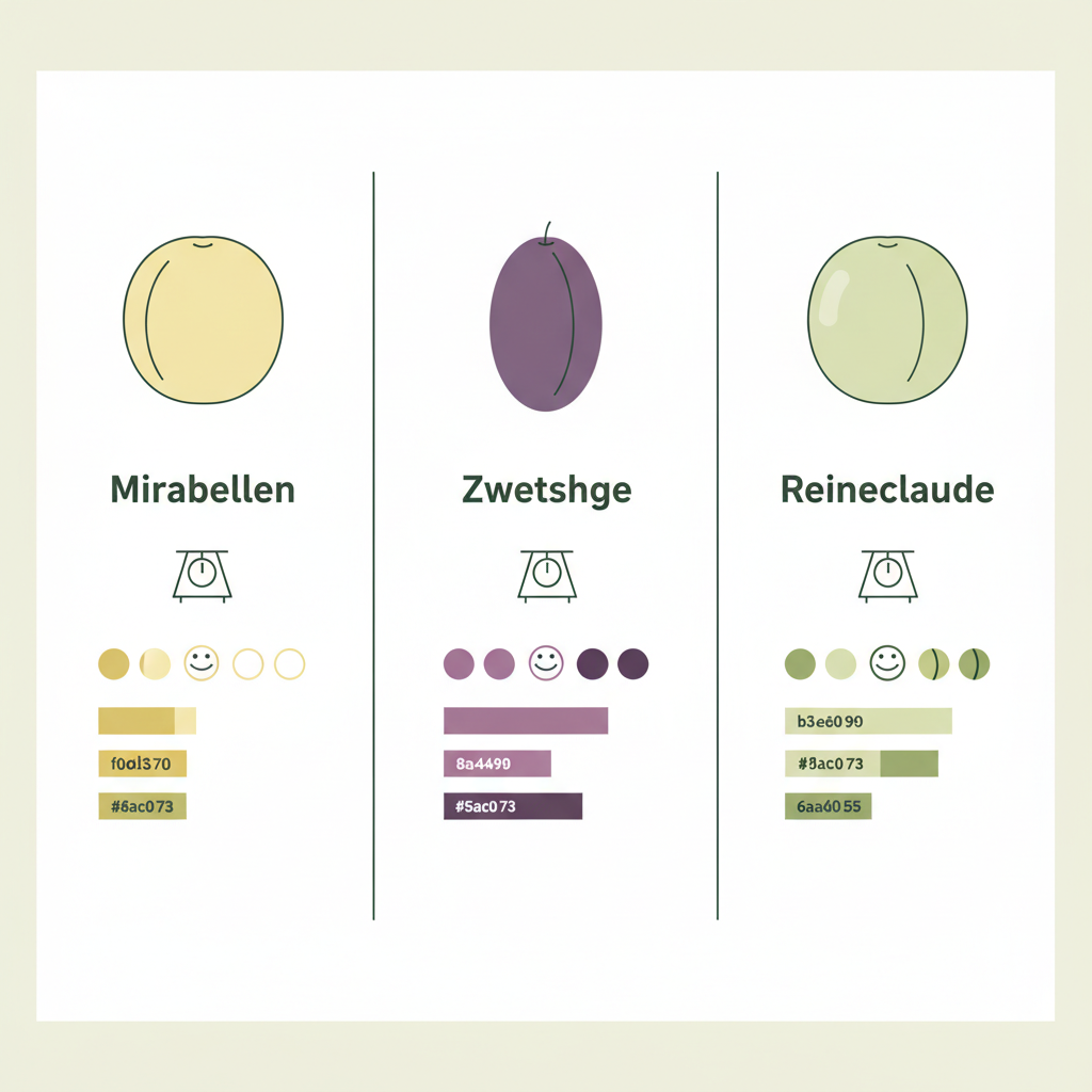 Minimalistische 2D-Vektor-Infografik mit drei Frucht-Icons: Mirabellen, Zwetschge und Reineclaude sowie farbcodierten Symbolen für Größe, Farbe und Geschmack.